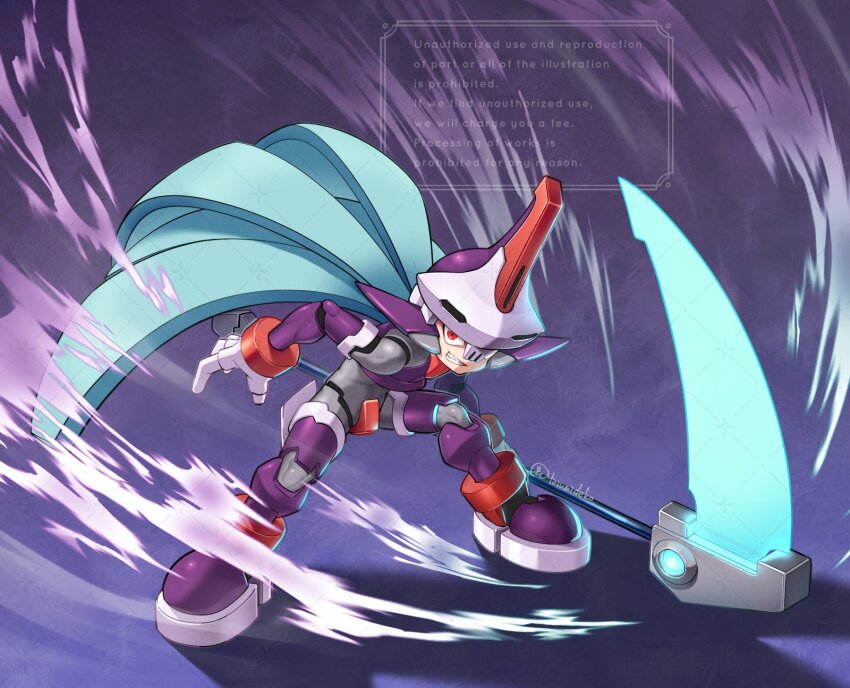 1boy android armor bent_over blue_hair commission energy_blade full_body helmet highres holding holding_scythe light_blue_hair long_hair looking_at_viewer male_focus mega_man_(series) mega_man_zx model_w_(mega_man) o_deko prometheus_(mega_man) purple_armor purple_helmet red_eyes scythe skull-shaped_hat smirk solo watermark white_helmet