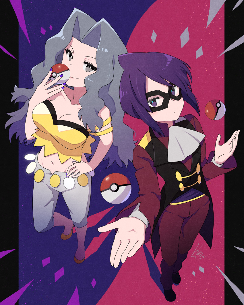 1boy 1girl absurdres ascot bare_arms bare_shoulders black_vest blue_eyes blue_hair breasts cleavage collarbone crop_top domino_mask eye_mask hand_on_own_hip highres holding holding_poke_ball itrneu_eaka karen_(pokemon) large_breasts light_blue_hair long_hair long_sleeves mask midriff nintendo pants parted_bangs poke_ball poke_ball_(basic) pokemon pokemon_hgss purple_hair purple_pants shoes spaghetti_strap tailcoat vest wavy_hair white_ascot white_pants will_(pokemon) yellow_shoes