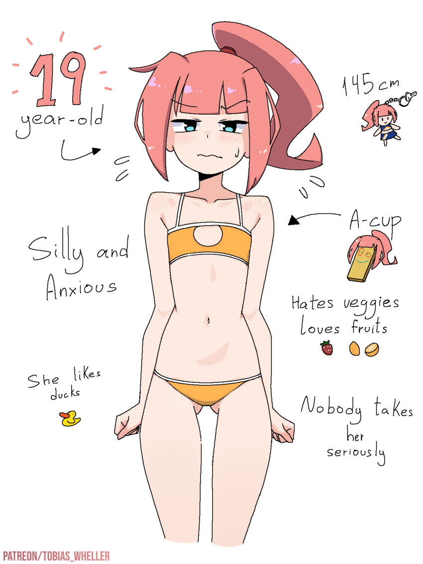 1girl arms_at_sides bare_arms bare_legs bare_shoulders bikini blue_eyes blunt_bangs character_age cherry_(tobias_wheller) clenched_hands collarbone commentary english_commentary english_text flat_chest flying_sweatdrops gluteal_fold height highres light_blush looking_at_viewer navel orange_bikini original pink_hair pointing_out_the_details ponytail simple_background solo stomach straight-on swimsuit tobias_wheller wavy_mouth white_background