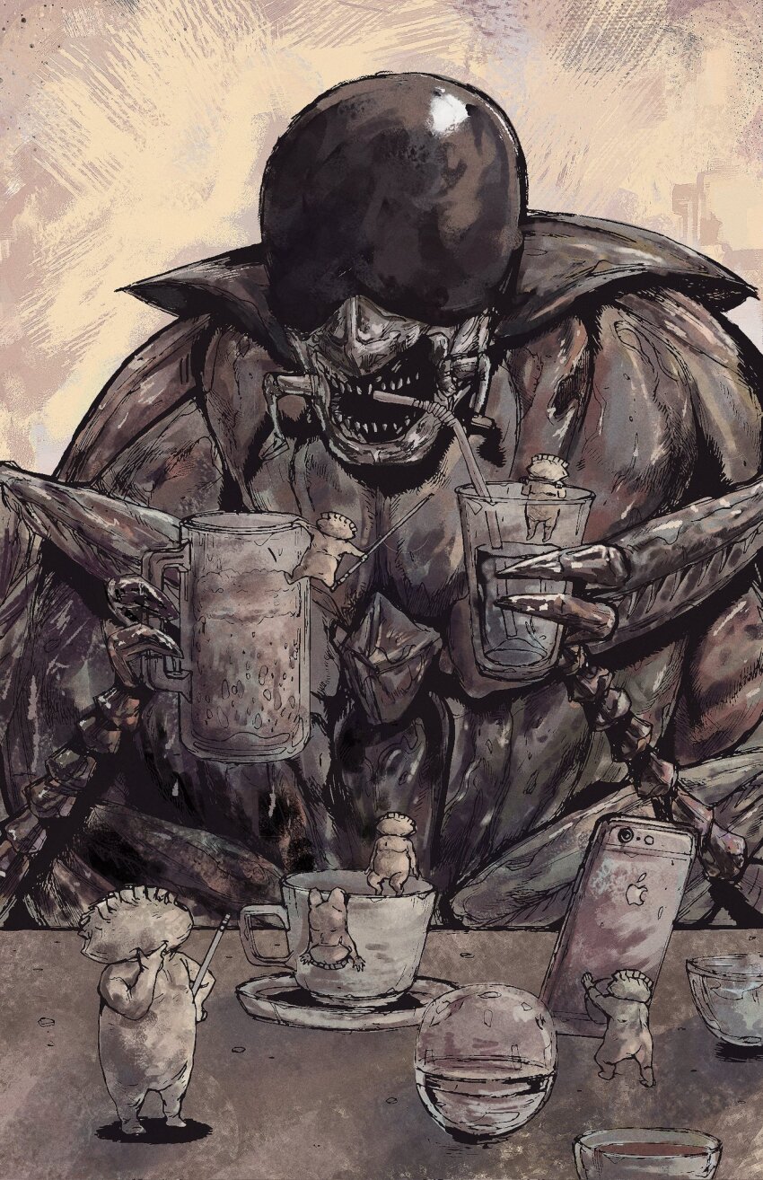 1boy 6+others beer_mug bug cellphone claws cockroach commentary creature cup dorohedoro drinking drinking_glass drinking_straw eliasdessin english_commentary gyoza_man highres holding holding_cup insect iphone johnson_(dorohedoro) monster_boy mug multiple_others no_eyes no_humans open_mouth phone sitting smartphone table teacup