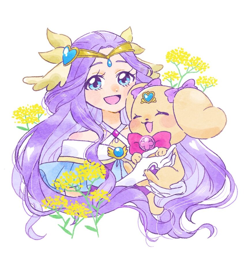 1girl blue_eyes circlet commentary_request cure_earth dress elbow_gloves fuurin_asumi gloves hair_ornament healin&#039;_good_precure healing_animal heart heart_hair_ornament highres hoppetoonaka3 jewelry latte_(precure) long_hair looking_at_viewer magical_girl open_mouth precure purple_hair smile tiara white_background white_gloves