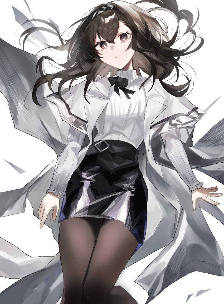 1girl arknights black_hair black_hairband black_skirt bright_pupils brown_pantyhose coat commentary cowboy_shot diamond-shaped_pupils diamond_(shape) floating_hair fumi_(rdbm) grey_eyes hairband highres lab_coat long_hair long_sleeves miniskirt open_clothes open_coat pantyhose parted_lips pencil_skirt priestess_(arknights) simple_background skirt solo sweater symbol-shaped_pupils turtleneck turtleneck_sweater white_background white_coat white_pupils white_sweater