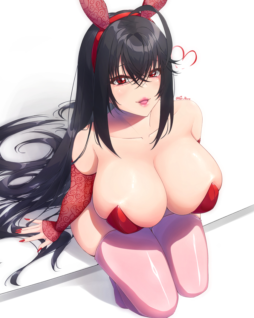 1girl absurdres ahoge alternate_costume animal_ears azur_lane black_hair breasts corset detached_sleeves from_above highres lace_sleeves large_breasts long_hair pink_thighhighs rabbit_ears red_corset red_eyes red_nails rein_akane sitting solo taihou_(azur_lane) thighhighs very_long_hair white_background