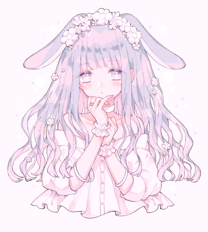 1girl animal_ears blush bracelet choker commentary cropped_torso eyelashes eyes_visible_through_hair flower frilled_wrist_cuffs frills grey_background hair_flower hair_ornament highres jewelry long_hair long_sleeves lop_rabbit_ears off-shoulder_shirt off_shoulder original parted_lips pink_eyes purple_hair rabbit_ears shirt simple_background solo star_(symbol) star_in_eye symbol-only_commentary symbol_in_eye tareme ting_(tingiiio) white_choker white_flower white_shirt wrist_cuffs