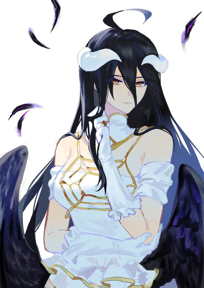 05980128sy 1girl albedo_(overlord) black_hair breasts cleavage demon_girl demon_horns dress gold_necklace highres horns jewelry large_breasts long_hair necklace overlord_(maruyama) solo