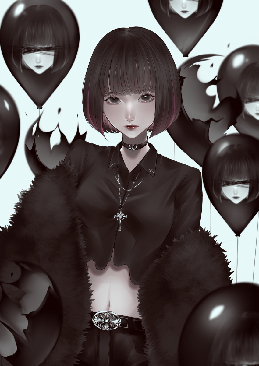1girl absurdres balloon belt belt_buckle black_belt black_choker black_eyes black_hair black_shawl black_shirt buckle choker collared_shirt commentary cropped_shirt cross cross_necklace fur_shawl grey_background heart heart_choker highres jewelry latin_cross lipstick looking_at_viewer makeup mano_aaa midriff multicolored_hair navel necklace original pink_streaks popped_balloon red_lips shawl shirt solo streaked_hair upper_body