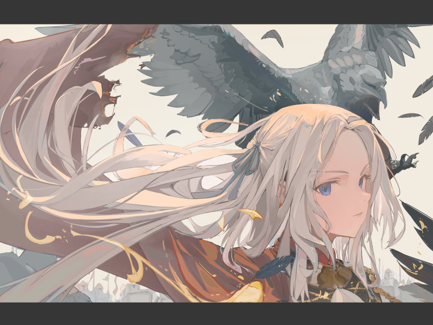 1girl absurdres animal bird black_feathers cape closed_mouth commentary_request eagle edelgard_von_hresvelg fashi_laizi_weilai feathers fire_emblem fire_emblem:_three_houses floating_hair forehead garreg_mach_monastery_uniform grey_ribbon hair_ribbon highres long_hair looking_at_viewer nintendo purple_eyes red_cape ribbon simple_background torn_cape torn_clothes white_background white_hair