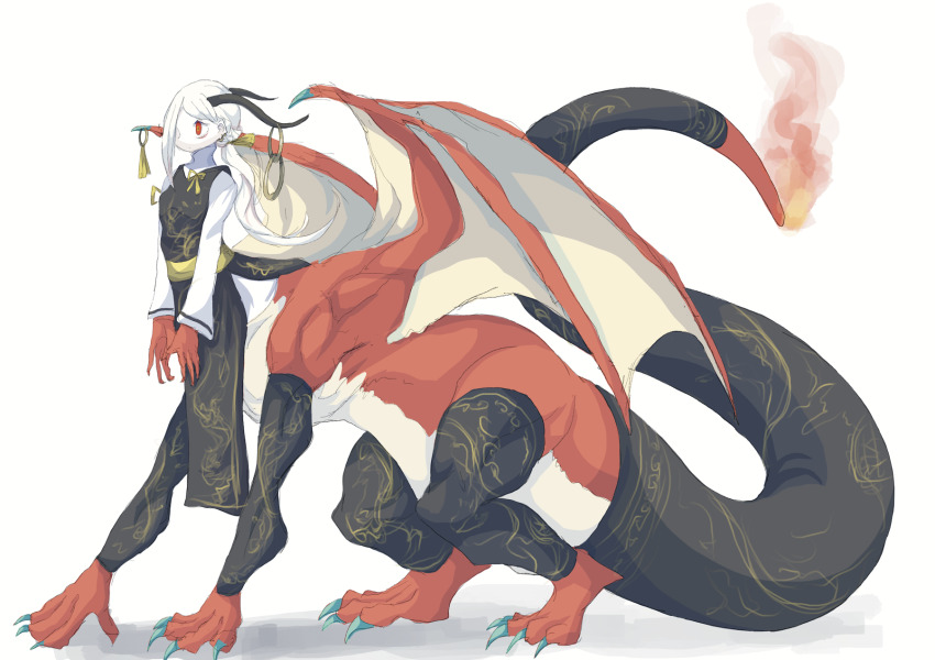 4138 black_dress centauroid china_dress chinese_clothes claws colored_skin commentary dragon_girl dragon_tail dress fiery_tail fire flame-tipped_tail from_side full_body hair_over_one_eye highres long_hair long_sleeves looking_to_the_side monster_girl original pelvic_curtain red_skin simple_background sleeveless sleeveless_dress standing tail taur white_background white_hair wings