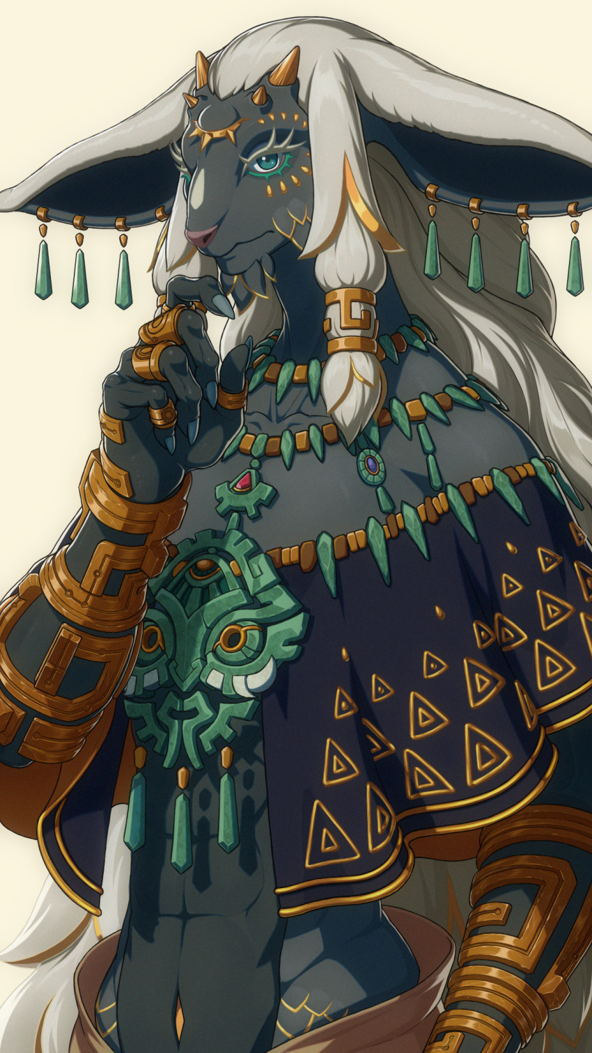 1boy abs bite_addict black_capelet capelet earrings facial_mark floating_earring furry furry_male green_eyes grey_hair hand_on_own_chin highres jewelry large_ears long_hair male_focus multiple_earrings necklace nintendo rauru_(tears_of_the_kingdom) ring stroking_own_chin the_legend_of_zelda the_legend_of_zelda:_tears_of_the_kingdom third_eye upper_body very_long_hair zonai