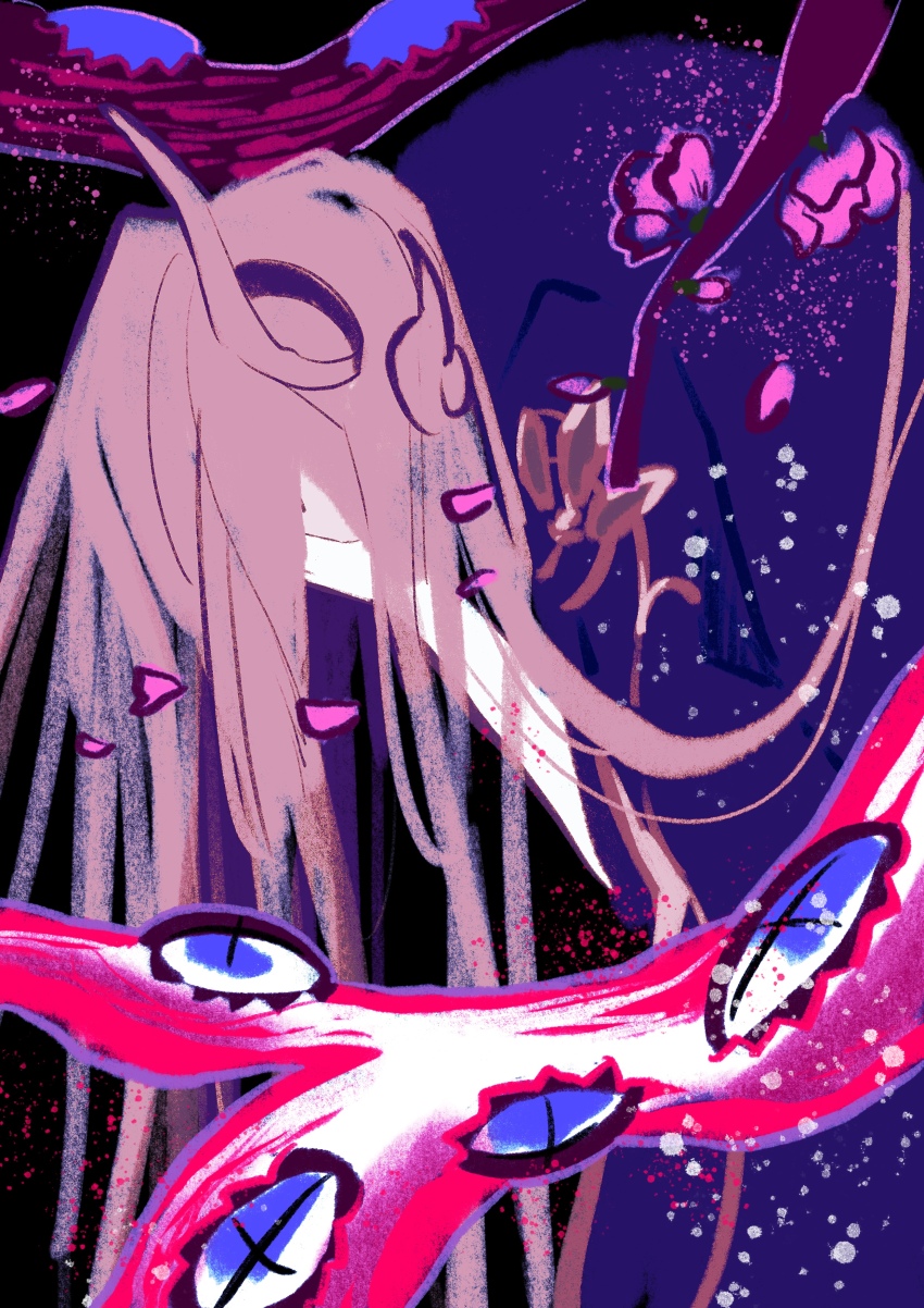 1boy absurdres black_background black_coat brown_hair coat covering_face curly_hair demon_pillar_(fate) falling_petals fate/grand_order fate_(series) from_side gloves hands_on_own_face highres hunched_over kimidorix32 leaning_forward long_hair male_focus petals profile simple_background solo tentacles very_long_hair white_gloves wolfgang_amadeus_mozart_(fate)