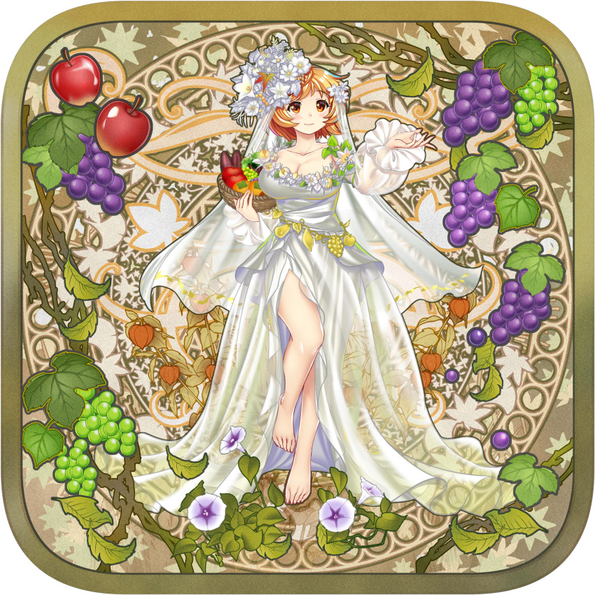 1girl aki_minoriko aki_minoriko_(platinum-white_autumn) alternate_costume apple art_nouveau barefoot basket bellflower blonde_hair blush breasts bridal_veil chinese_bellflower chinese_lantern_(plant) cleavage closed_mouth collarbone cosmos_(flower) dress feet flower flower-trimmed_dress flower_trim food fruit full_body game_cg grapes hair_flower hair_ornament highres holding holding_basket large_breasts leaf legs long_sleeves looking_at_viewer morning_glory official_art orange_eyes purple_flower rotte_(1109) see-through_clothes see-through_dress see-through_sleeves see-through_veil short_hair side_slit smile solo thighs third-party_source toenails toes tomato touhou touhou_lostword transparent_background veil white_dress white_flower white_veil