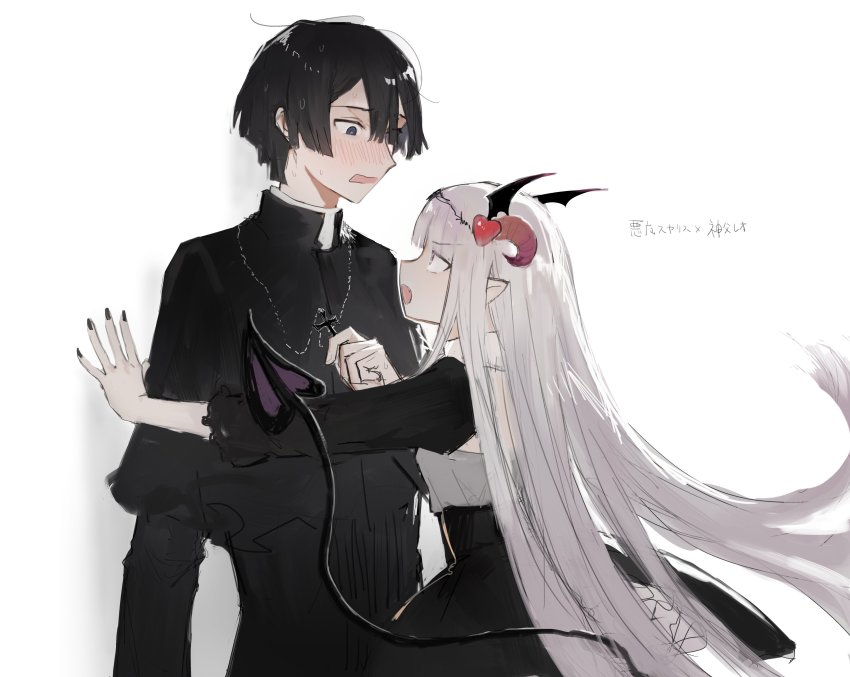 1boy 1girl absurdres alternate_costume aurora_sya_lis_kaymin black_hair black_nails blush cross demon_cleric demon_girl demon_horns demon_tail grey_hair highres horns jewelry kabedon long_hair maou-jou_de_oyasumi nail_polish necklace priest short_hair simple_background suechimu tail