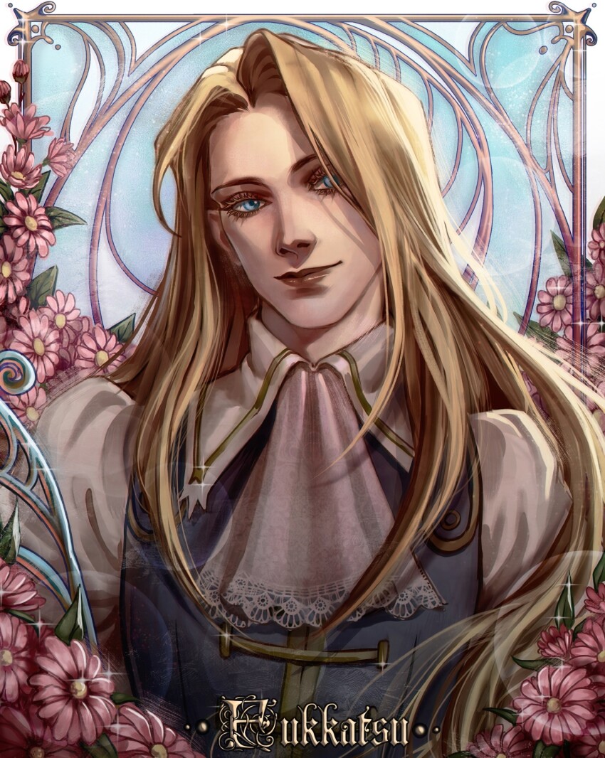 1boy allen_schezar art_nouveau artist_name ascot bishounen blonde_hair blue_eyes blue_sky blue_vest border commentary daisy_(flower) eyelashes facing_viewer flower frosted_glass fukkatsu hair_over_one_eye highres lace_trim long_hair looking_at_viewer male_focus outside_border pink_ascot pink_flower puffy_sleeves shirt sky solo sparkle straight_hair tenkuu_no_escaflowne upper_body vest white_border white_shirt window