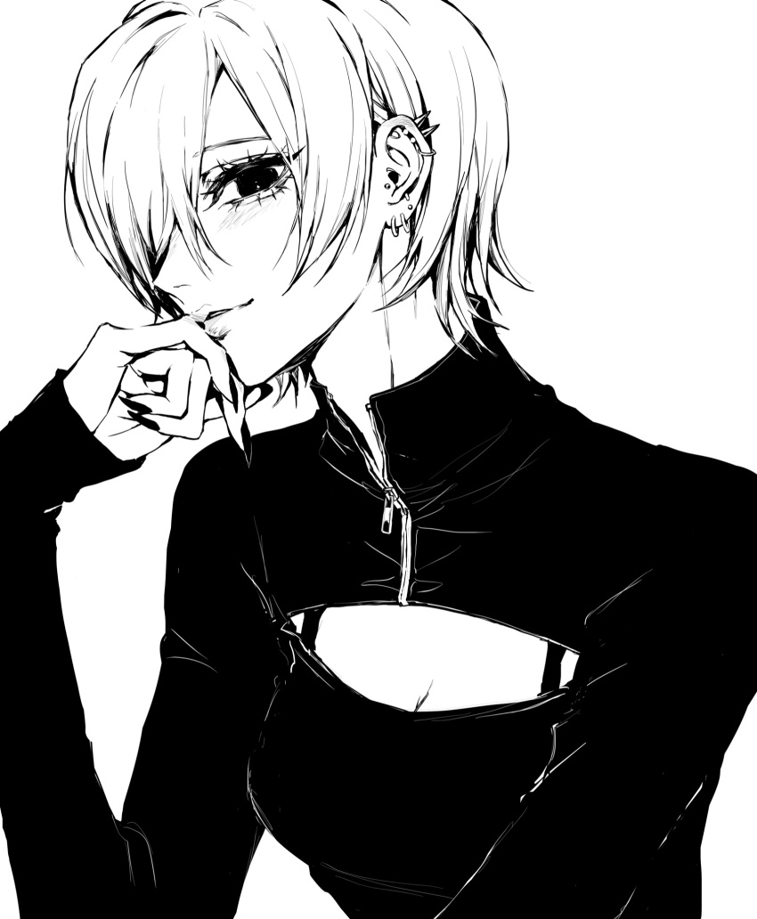 1girl breasts cleavage cleavage_cutout clothing_cutout ear_piercing fingernails greyscale hair_over_one_eye hand_up highres long_sleeves looking_at_viewer monochrome multiple_piercings one_eye_covered original parted_bangs parted_lips piercing shirt short_hair simple_background sleeves_past_wrists small_breasts smile solo spiked_ear_piercing teeniika turtleneck turtleneck_shirt upper_body white_background zipper zipper_pull_tab