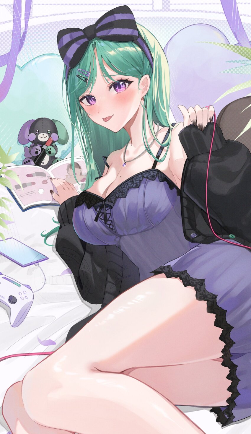 1girl absurdres bare_shoulders black_cardigan black_nails book breasts camisole cardigan cellphone cleavage controller game_controller green_hair hair_ornament hairband hairpin heart heart-shaped_pillow highres jewelry long_hair looking_at_viewer lying mole mole_on_breast necklace off_shoulder on_bed on_side open_cardigan open_clothes parted_bangs phone pillow purple_camisole purple_eyes purple_shorts shorts sirom smartphone solo spaghetti_strap strap_slip swept_bangs thighs tongue tongue_out virtual_youtuber vspo! watermark yakumo_beni yakumo_beni_(5th_costume)