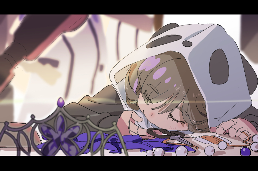 1girl animal_hood black_hoodie blurry blurry_background closed_eyes closed_mouth commentary highres hood hood_up hoodie letterboxed light_brown_hair long_sleeves love_live! love_live!_superstar!! nonfiction!!_(love_live!) official_alternate_costume panda_hood saitou_atsushi_(kamatamanankotu) scissors short_hair sleeping sleeping_on_desk solo_focus string_around_finger tang_keke tiara u_u white_hood