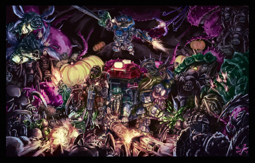 &quot;lead_storm&quot;_powered_minigun 4boys 6+others absurdres arm_up armor armored_boots armored_gloves artist_name axe backpack bag beard black_border blonde_hair blood blood_splatter blue_armor blurry blurry_background boots border bullet cave_interior cave_leech_(deep_rock_galactic) cigarette closed_mouth commentary deep_rock_galactic deepcore_40mm_pgl driller_(deep_rock_galactic) dwarf engineer_(deep_rock_galactic) english_commentary facial_hair firing flashlight full_armor gatling_gun glyphid_grunt glyphid_grunt_guard_(deep_rock_galactic) glyphid_grunt_slasher_(deep_rock_galactic) glyphid_praetorian glyphid_web_spitter grappling_hook green_armor green_blood grenade_launcher gun gunner_(deep_rock_galactic) helmet highres holding holding_axe holding_pickaxe holding_weapon hollow_bough impact_axe lmg_gun_platform mactera_spawn_(deep_rock_galactic) mactera_tri-jaw_(deep_rock_galactic) male_focus minigun mule_(deep_rock_galactic) multiple_boys multiple_others muzzle_flash open_mouth pickaxe razpaz red_armor science_fiction scout_(deep_rock_galactic) sentry signature smoking submachine_gun sunglasses swinging_on_grappling_hook thorns weapon yellow_armor zhukov_nuk17