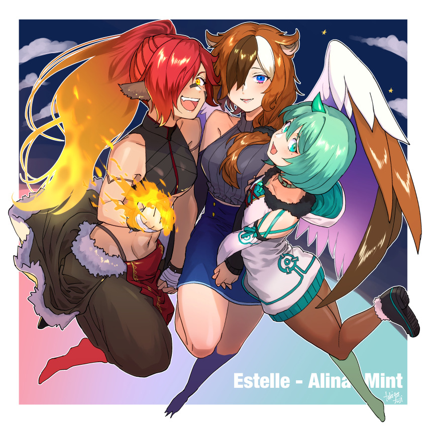 4girls absurdres alina_(cieluscian) animal_ears animal_feet bare_shoulders bird_legs bird_wings black_footwear black_sweater blonde_hair blue_eyes blue_skirt breasts brown_hair brown_pantyhose brown_wings claws cloud collar commission detached_sleeves estelle_(cieluscian) feathered_wings flaming_hand full_body fur-trimmed_footwear fur_trim green_collar green_eyes green_hair green_horns hair_over_one_eye hair_over_shoulder harpy high-waist_skirt highres hood hood_down horns jacket long_hair looking_at_viewer low-tied_long_hair medium_breasts mint_(cieluscian) monster_girl multicolored_background multicolored_eyes multicolored_hair multiple_girls open_mouth original pantyhose pelvic_curtain pink_eyes ponytail purple_wings red_hair second-party_source short_hair single_horn skeb_commission skirt sleeveless sleeves_past_wrists small_breasts smile streaked_hair sweater tokitou_fuji turtleneck turtleneck_sweater underboob white_hair white_jacket white_wings wings yellow_eyes