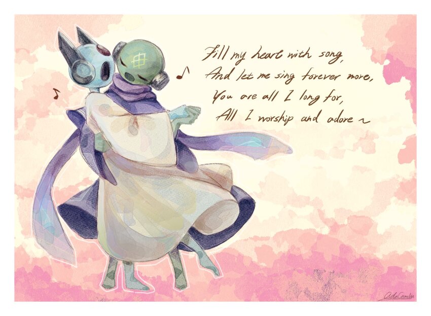 1boy 1girl aida_(aidacamelia0516) closed_eyes dress english_text fly_me_to_the_moon full_body headphones iterator_(rain_world) looks_to_the_moon music no_significant_harassment open_mouth purple_scarf purple_tunic rain_world robot_ears scarf singing smile tunic white_dress wide_sleeves