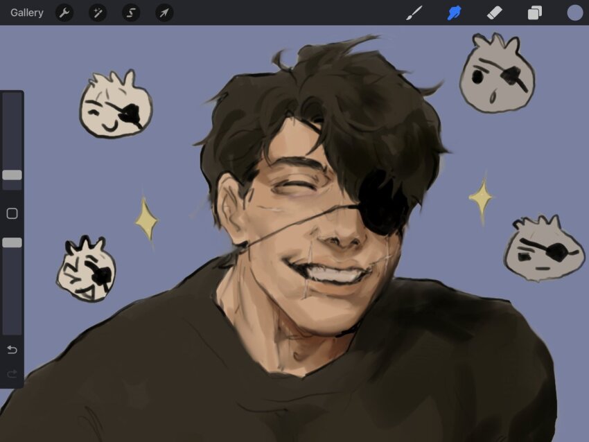 1boy art_program_in_frame black_hair black_shirt closed_eyes curtained_hair doodle_inset dumpling eyepatch food grin hair_over_one_eye head_tilt looking_at_viewer macaronijail male_focus omniscient_reader&#039;s_viewpoint open_mouth portrait scar scar_on_face scar_on_mouth shirt short_hair smile solo sparkle yoo_joonghyuk