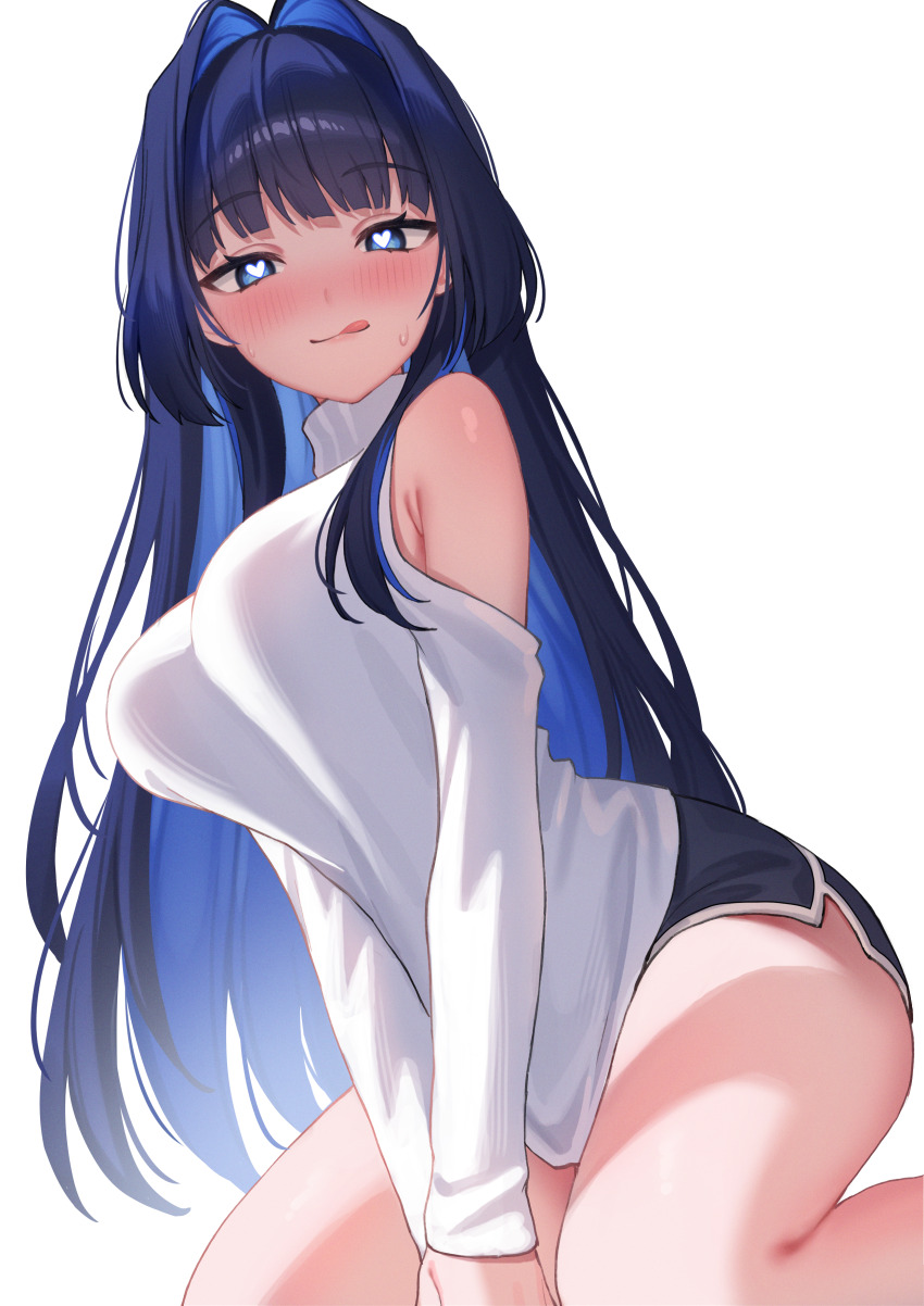1girl absurdres alternate_costume bare_shoulders beyo black_hair black_shorts blue_eyes blue_hair blush breasts closed_mouth clothing_cutout commentary hair_intakes heart heart-shaped_pupils highres hololive hololive_english kneeling large_breasts licking_lips looking_at_viewer multicolored_hair multiple_girls official_alternate_costume official_alternate_hairstyle ouro_kronii ouro_kronii_(casual) shirt short_shorts shorts shoulder_cutout simple_background solo sweat symbol-shaped_pupils tongue tongue_out two-tone_hair virtual_youtuber white_background white_shirt