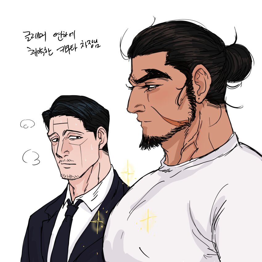 2boys absurdres bara black_hair covered_erect_nipples dark-skinned_male dark_skin facial_hair girl_staring_at_guy&#039;s_chest_(meme) goatee_stubble golden_kamuy highres kikuta_mokutaro korean_text large_pectorals long_sideburns looking_at_another looking_at_pectorals male_focus mature_male meme multiple_boys muscle_envy muscular muscular_male pectorals rikimatsu_ariko scar scar_on_face scar_on_forehead shirt short_hair sideburns sideburns_stubble sparkle sparkling_aura stubble sweat t-shirt thick_eyebrows translation_request wrrmfla yaoi
