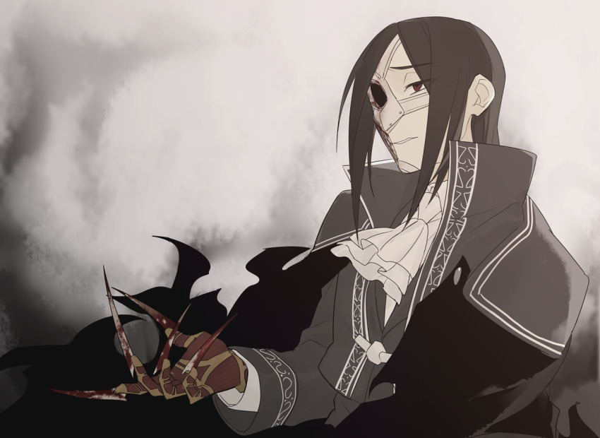 1boy ascot blood bloody_weapon claws collared_jacket european_clothes fate/grand_order fate_(series) green_hair half_mask high_collar jacket long_sleeves looking_to_the_side male_focus mask muted_color ne_dzumi parted_bangs phantom_of_the_opera_(fate) red_eyes solo upper_body weapon white_ascot