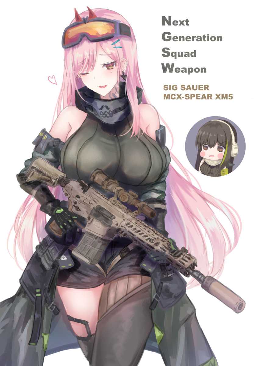 1girl absurdres assault_rifle asymmetrical_legwear breasts brown_hair chibi earrings english_text eyewear_on_head girls&#039;_frontline gun hair_ornament highres jewelry large_breasts long_hair looking_at_viewer m4a1_(girls&#039;_frontline) m4a1_(mod3)_(girls&#039;_frontline) martinreaction mask mask_around_neck mole mole_under_eye multicolored_hair neck_tattoo non-web_source one_eye_closed open_mouth pink_eyes pink_hair rifle scarf shorts sig_mcx sig_mcx_(girls&#039;_frontline) sleeveless sleeveless_sweater streaked_hair sweater tattoo weapon