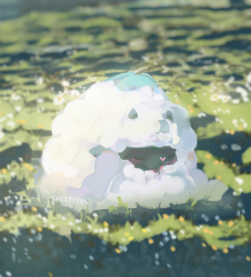 :d animal_focus artist_name bird blurry bright_pupils closed_eyes closed_mouth depth_of_field flower fluffy full_body gen_3_pokemon gen_8_pokemon grass grey_eyes heart-shaped_nose highres looking_at_viewer lying lying_on_animal lying_on_pokemon nintendo no_humans on_grass on_ground on_stomach open_mouth orange_flower outdoors pokemon pokemon_(creature) sheep sheepishs smile swablu white_flower white_pupils wooloo