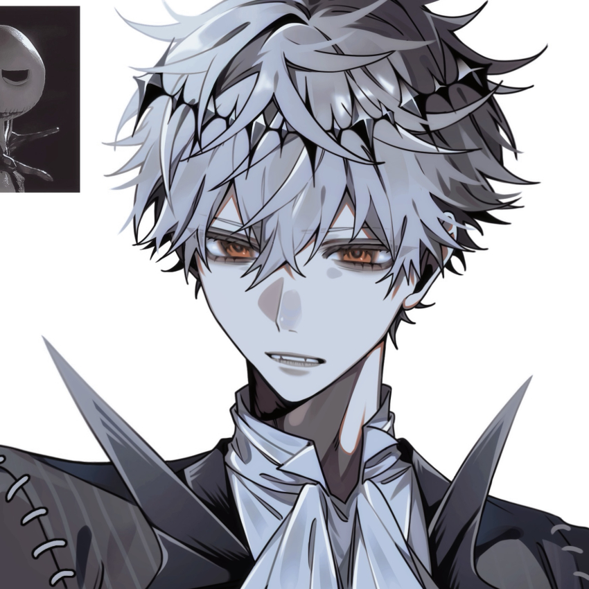 1boy black_jacket chibi diamond_hairband grey_hair grey_vest hair_between_eyes highres jack_skellington jacket male_focus multiple_views omumeshi open_mouth orange_eyes pale_skin puff_of_air reference_inset simple_background skully_j._graves the_nightmare_before_christmas twisted_wonderland upper_body vest white_background