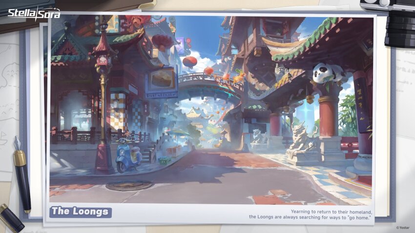 architecture bamboo_steamer blue_sky cloud commentary commentary_request day dragon_statue east_asian_architecture english_commentary english_text food highres lamppost lantern manhole mixed-language_commentary monolith_(object) motor_vehicle nib_pen_(object) no_humans official_art outdoors panda pen photo_(object) rabbit road scenery scooter shadow sign sky statue steamed_bun stella_sora street vespa