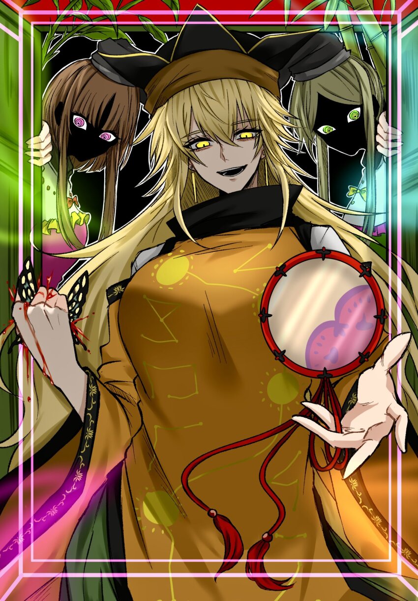 1other 3girls aura bags_under_eyes bamboo black_collar black_hat blonde_hair blood blood_drip blood_drop blood_on_hands blood_splatter branch breasts brown_hair bug butterfly butterfly_wings collar constellation constellation_print crushed crushing detached_sleeves door dress dripping drum earrings evil_eyes floating floating_earrings floating_object frilled_collar frilled_dress frills glowing glowing_eyes gold_earrings green_dress green_eyes green_hair green_skirt hair_between_eyes hat highres holding holding_butterfly insect insect_wings instrument jewelry large_breasts leaf leaning leaning_to_the_side long_hair long_sleeves looking_at_viewer matara_okina multiple_girls nap_muntarou nishida_satono open_door open_hand open_mouth orange_sleeves orange_tabard parted_bangs pink_dress pink_eyes plant red_ribbon ribbon ringed_eyes shaded_face shirt short_hair short_hair_with_long_locks sidelocks skirt smile tabard tate_eboshi teeth teireida_mai tongue touhou turtleneck very_long_hair white_collar white_shirt wide_sleeves wings wooden_door yellow_eyes yellow_ribbon