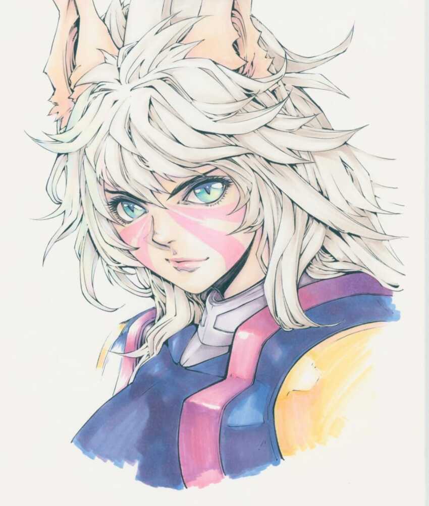 1girl andy_seto animal_ears cat_ears chinese_commentary commentary commentary_request cyber_weapon_z english_commentary facial_mark highres light_smile marker_(medium) mixed-language_commentary pink_lips portrait rosaland_(cyber_weapon_z) slit_pupils solo traditional_media v-shaped_eyebrows white_hair