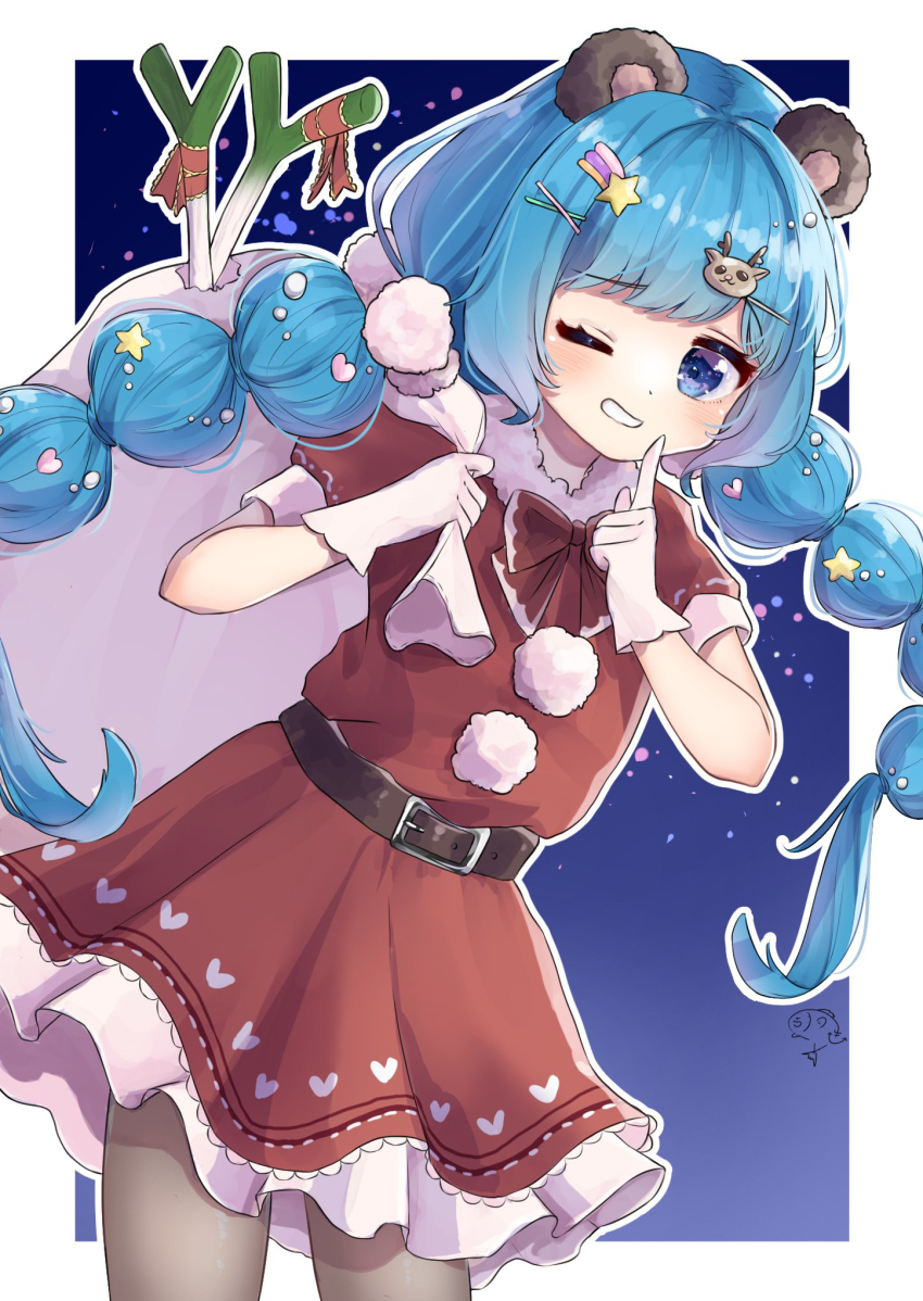 1girl animal_ears aqua_eyes aqua_hair bear_ears belt blush bob_cut braid christmas dress finger_to_mouth fish gloves grin hair_ornament hand_to_own_mouth hatsune_miku heart heart_hair_ornament highres holding holding_sack kanzuki_tsunane low_twin_braids low_twintails one_eye_closed pantyhose reindeer_hair_ornament ribbon sack santa_costume santa_dress short_sleeves shushing smile solo spring_onion star_(symbol) star_hair_ornament thighs twin_braids twintails vocaloid