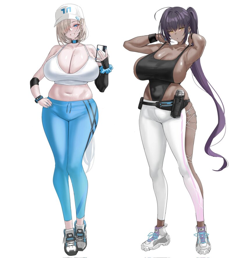 2girls ahoge alternate_costume armpits arms_up asuna_(blue_archive) baseball_cap black_leotard blonde_hair blue_archive blue_eyes blue_nails blue_pants bottle breasts camisole choker cleavage commentary crop_top curvy elbow_gloves fanny_pack full_body gloves grin hair_over_one_eye hand_on_own_hip hat high_ponytail highleg highleg_leotard highres holding holding_phone huge_breasts karin_(blue_archive) leotard long_hair multiple_girls navel pants phone ponytail quanzidongziben scrunchie shoes smile sneakers standing strap_pull sweat symbol-only_commentary very_long_hair watch water_bottle white_background white_camisole white_hat white_pants workout_clothes wrist_scrunchie wristband yellow_eyes yoga_pants