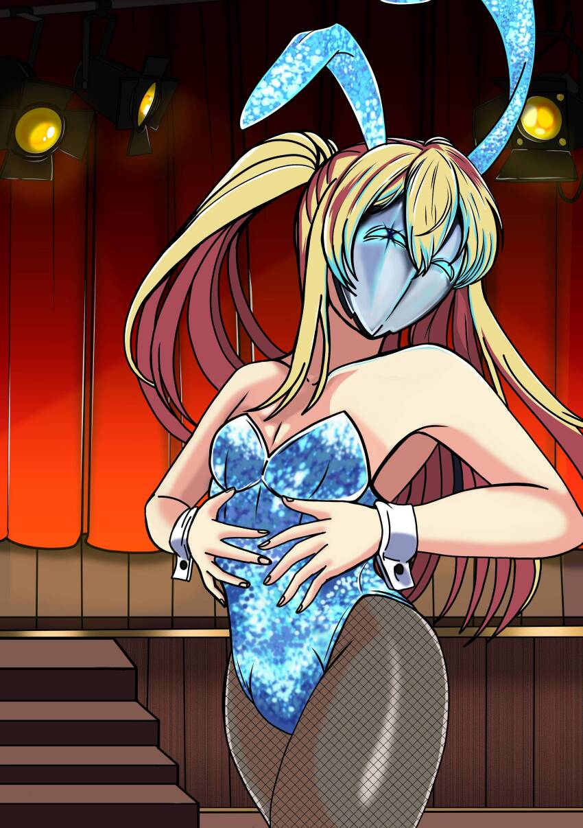 1boy absurdres alien_stage animal_ears bare_shoulders blonde_hair crossdressing fake_animal_ears fishnet_pantyhose fishnets highres hoshino_aquamarine izuru_planetes leotard long_hair mask oshi_no_ko pantyhose playboy_bunny solo stage stairs standing strapless strapless_leotard trap twintails wrist_cuffs