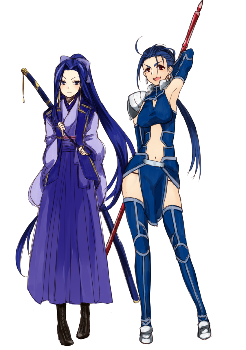 2girls arm_behind_back armor armpits blue_eyes blue_hair blush bow contrapposto cu_chulainn_(fate) cu_chulainn_(fate/stay_night) earrings fate/stay_night fate_(series) full_body gae_bolg_(fate) gender_request genderswap hair_bow highres japanese_clothes jewelry kamehima katana long_hair long_skirt monohoshizao multiple_girls navel ootachi open_mouth pelvic_curtain pleated_skirt polearm ponytail red_eyes sasaki_kojirou_(fate) sheath sheathed skirt smile spear standing sword tareme thighhighs tsurime very_long_hair weapon white_background