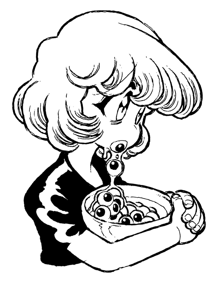 15ooo 1girl bags_under_eyes bob_cut bowl eyeball eyelashes fingernails highres holding holding_bowl horror_(theme) original shirt solo surreal t-shirt vomiting