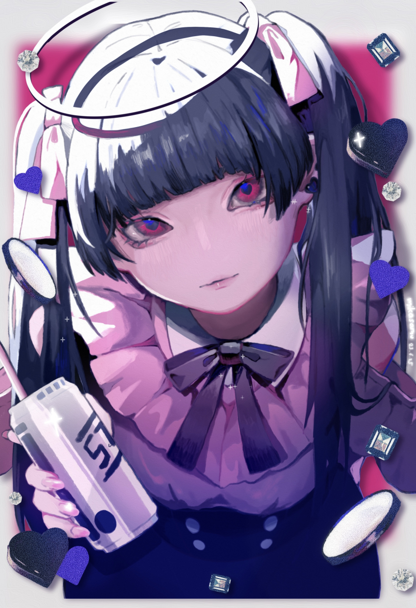 1girl absurdres aegyo_sal alternate_costume alternate_hair_color black_bow black_bowtie black_hair black_skirt blue_pupils blunt_bangs bow bowtie can closed_mouth clothing_cutout collared_shirt commentary cropped_legs darling_dance_(vocaloid) earrings english_commentary frilled_shirt frills glint hair_ribbon halo hatsune_miku head_tilt heart high-waist_skirt highres holding holding_can jewelry jirai_kei leaning_forward light_blush long_hair looking_at_viewer mikasamu pink_eyes pink_nails pink_ribbon pink_shirt rhinestone ribbon shirt shoulder_cutout skirt sparkle twintails underbust vocaloid