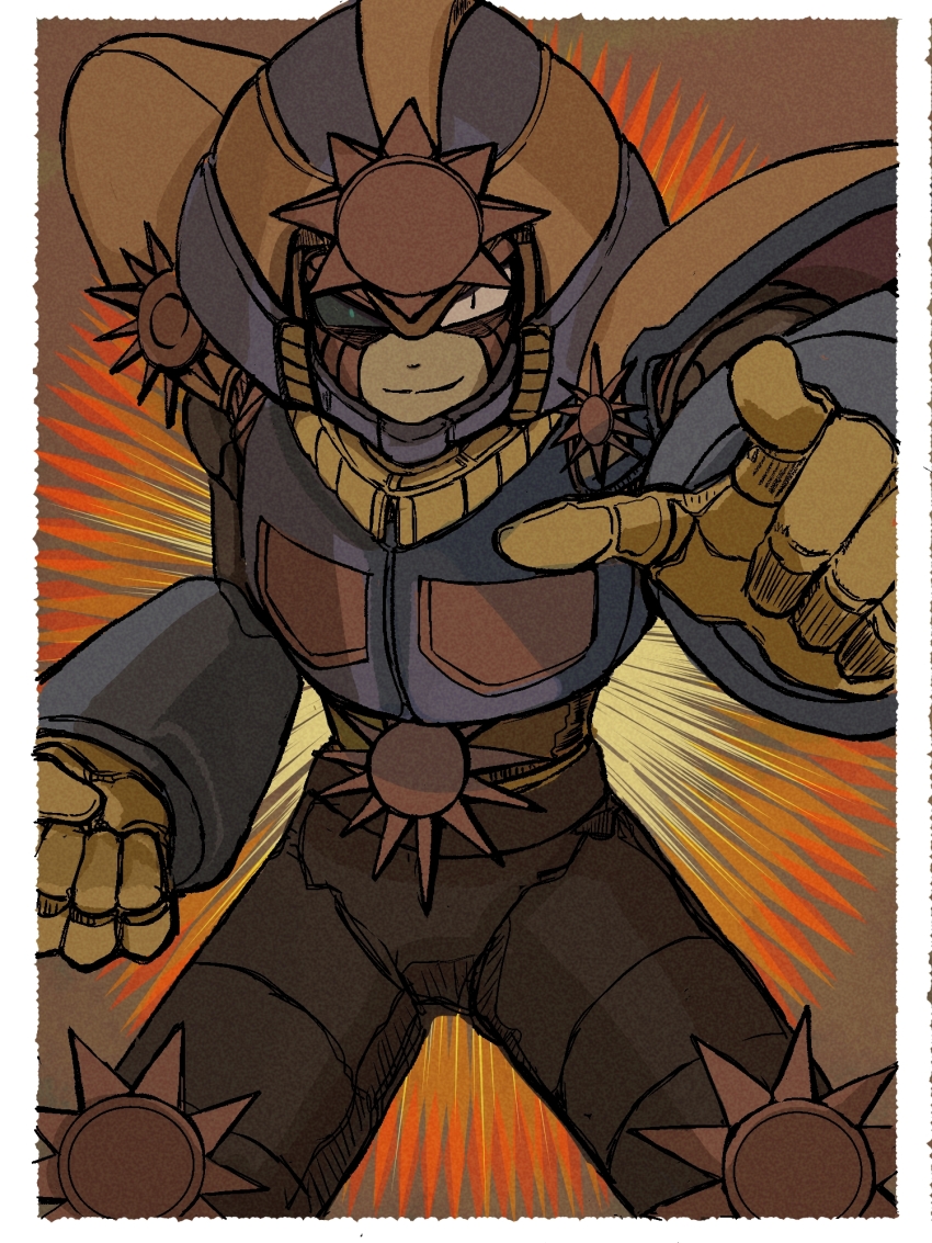 1boy 655rcc arm_armor armor belt black_bodysuit black_eyes black_sclera blue_armor blue_eyes blue_helmet bodysuit border brown_background clenched_hand colored_sclera commentary_request cowboy_shot explosion gloves helmet heterochromia highres index_finger_raised joints light_smile looking_at_viewer male_focus mega_man_(classic) mega_man_(series) mega_man_v pointing pointing_at_viewer robot_joints shoulder_armor smirk solo sun_symbol sunstar_(mega_man) white_border yellow_belt yellow_gloves