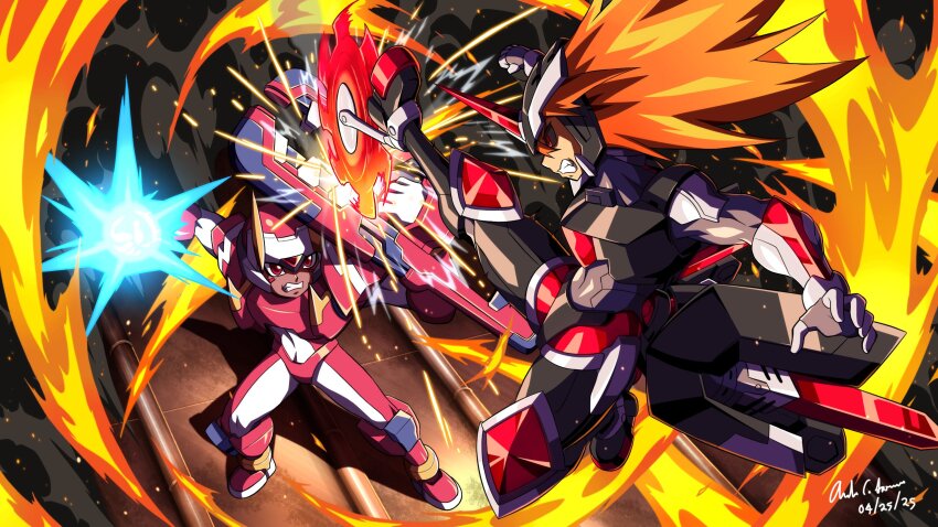 armor azure_striker_gunvolt azure_striker_gunvolt_1 black_armor black_sclera colored_sclera commission crossover daytona_(gunvolt) fighting_fefnir_(mega_man) fire flying_kick full_body helmet highres holding_cannon horns innovator123 kicking long_hair mega_man_(series) mega_man_zero_(series) orange_hair red_armor red_eyes red_helmet saw