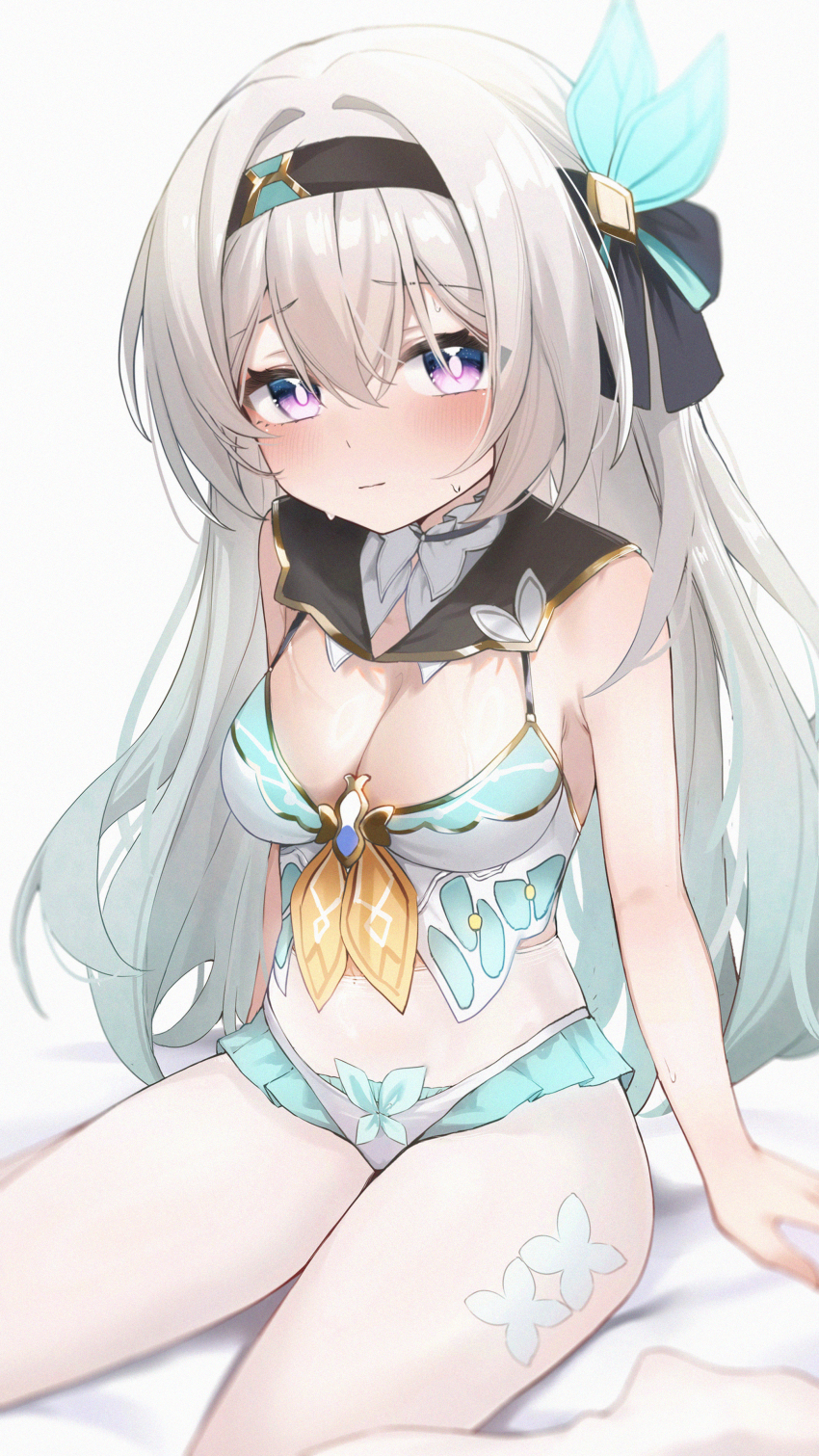 1girl absurdres adapted_costume aqua_hair bed_sheet black_headband blush breasts cleavage closed_mouth clothing_request commentary firefly_(honkai:_star_rail) gradient_hair grey_hair hair_between_eyes headband highres honkai:_star_rail honkai_(series) long_hair looking_at_viewer medium_breasts multicolored_hair number-only_commentary purple_eyes sitting sleeveless small_sweatdrop solo spaghetti_strap very_long_hair wendao white_background