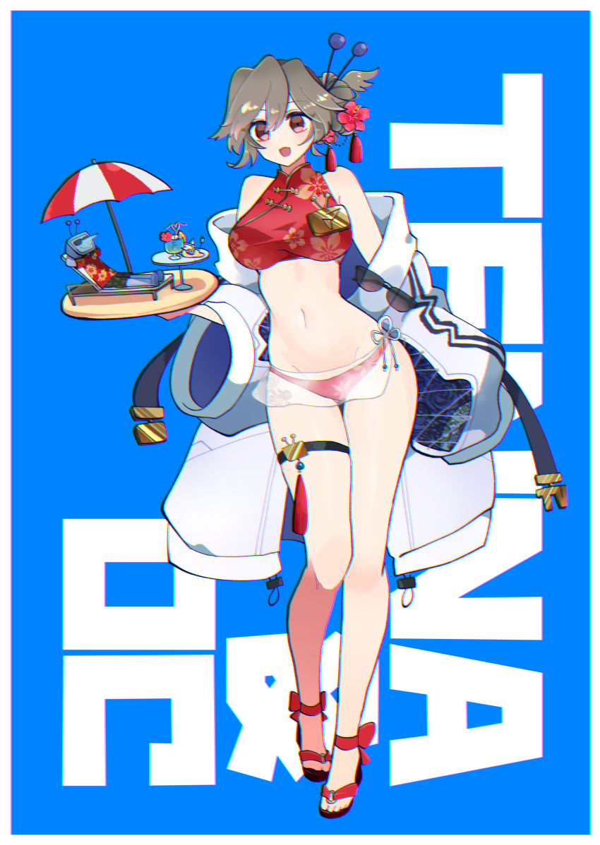 1boy 1girl absurdres ant_tenna ant_tenna_(sphinx) arms_behind_head beach_umbrella bendy_straw bikini bikini_bottom_only border bow breasts brown_hair chromatic_aberration coat crt cup deltarune drinking_glass drinking_straw electric_plug electric_plug_tail emblem flower fre_dddddd full_body green_shorts hair_between_eyes hair_flower hair_ornament hawaiian_shirt hibiscus highres holding holding_tray large_breasts lying mini_person miniboy navel object_head oc_x_canon off_shoulder original red_bikini red_bow red_eyes red_shirt shirt shorts size_difference sunglasses swimsuit table tail thigh_strap tray umbrella unworn_eyewear updo utdr_(toby_fox) white_border white_coat