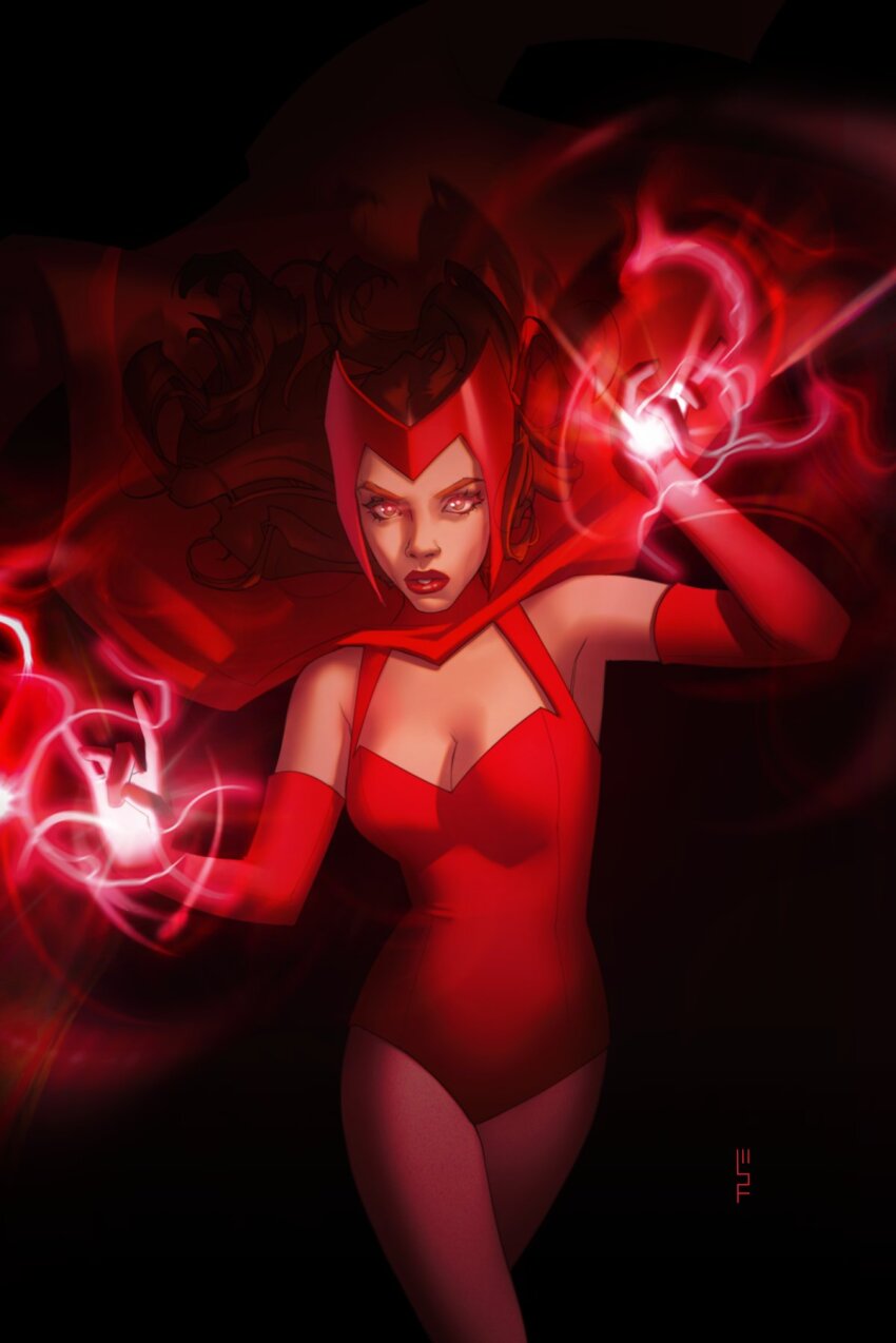 1girl brown_hair cape elbow_gloves gloves highres leotard long_hair looking_at_viewer magic marvel marvel_cinematic_universe pantyhose red_cape red_eyes red_gloves red_leotard red_lips red_pantyhose scarlet_witch scott_forbes solo superhero_costume wanda_maximoff wandavision