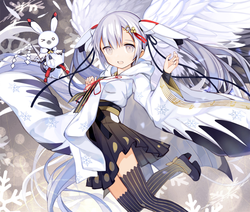1girl :d black_ribbon black_skirt black_thighhighs female_focus floating_hair flower fortissimo grey_eyes hair_flower hair_ornament hair_ribbon hatsune_miku highres holding japanese_clothes kari_kenji kimono leg_up long_hair long_sleeves looking_at_viewer miniskirt musical_note musical_note_hair_ornament musical_note_print one_eye_closed open_mouth pleated_skirt print_kimono print_sleeves rabbit red_ribbon ribbon silver_hair skirt smile snowflake_print solo striped_clothes striped_thighhighs thighhighs twintails vertical-striped_clothes vertical-striped_thighhighs very_long_hair vocaloid white_kimono wide_sleeves yellow_flower yuki_miku yukine_(vocaloid) zettai_ryouiki