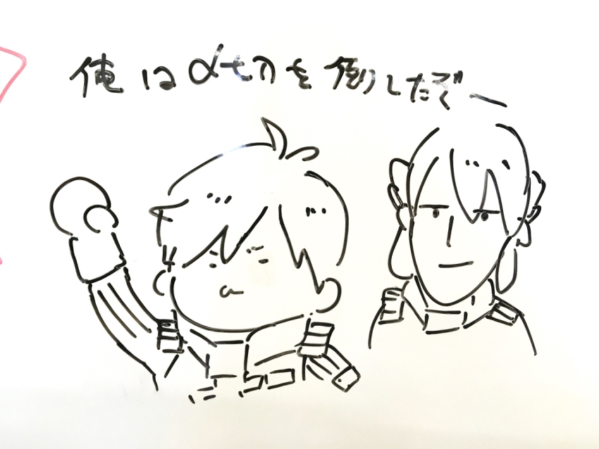 2boys :3 amenomori430 arm_up arms_up board chibi derp_face exif godzilla:_city_on_the_edge_of_battle godzilla:_planet_of_the_monsters godzilla:_the_planet_eater godzilla_(series) japanese_text long_ears marker metphies military military_uniform multiple_boys pointy_ears polygon_pictures short_hair sketch smile smug spacesuit toho translation_request white_background