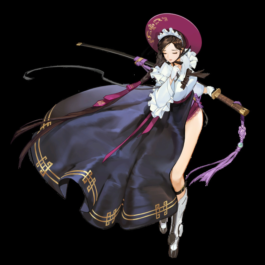 1girl black_hair boots braid closed_eyes closed_mouth female_focus full_body game_cg gat_(hat) hat highres keumran_(last_origin) last_origin long_hair maid maid_headdress official_art rorobomb side_slit single_braid solo sword tachi-e transparent_background very_long_hair weapon