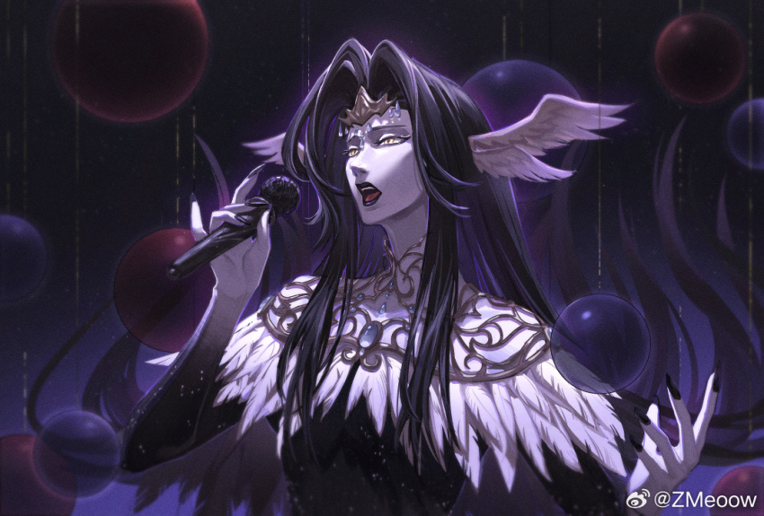 1girl alternate_form bird_wings black_background black_hair black_lips black_nails capelet circlet colored_skin feather-trimmed_capelet feather_trim feathered_wings film_grain final_fantasy final_fantasy_xiv fingernails floating_hair hair_intakes head_wings holding holding_microphone long_hair looking_ahead microphone multiple_wings music open_mouth orb sharp_fingernails singing slit_pupils solo the_endsinger upper_body watermark weibo_watermark white_capelet white_skin wings yellow_eyes zmeoow