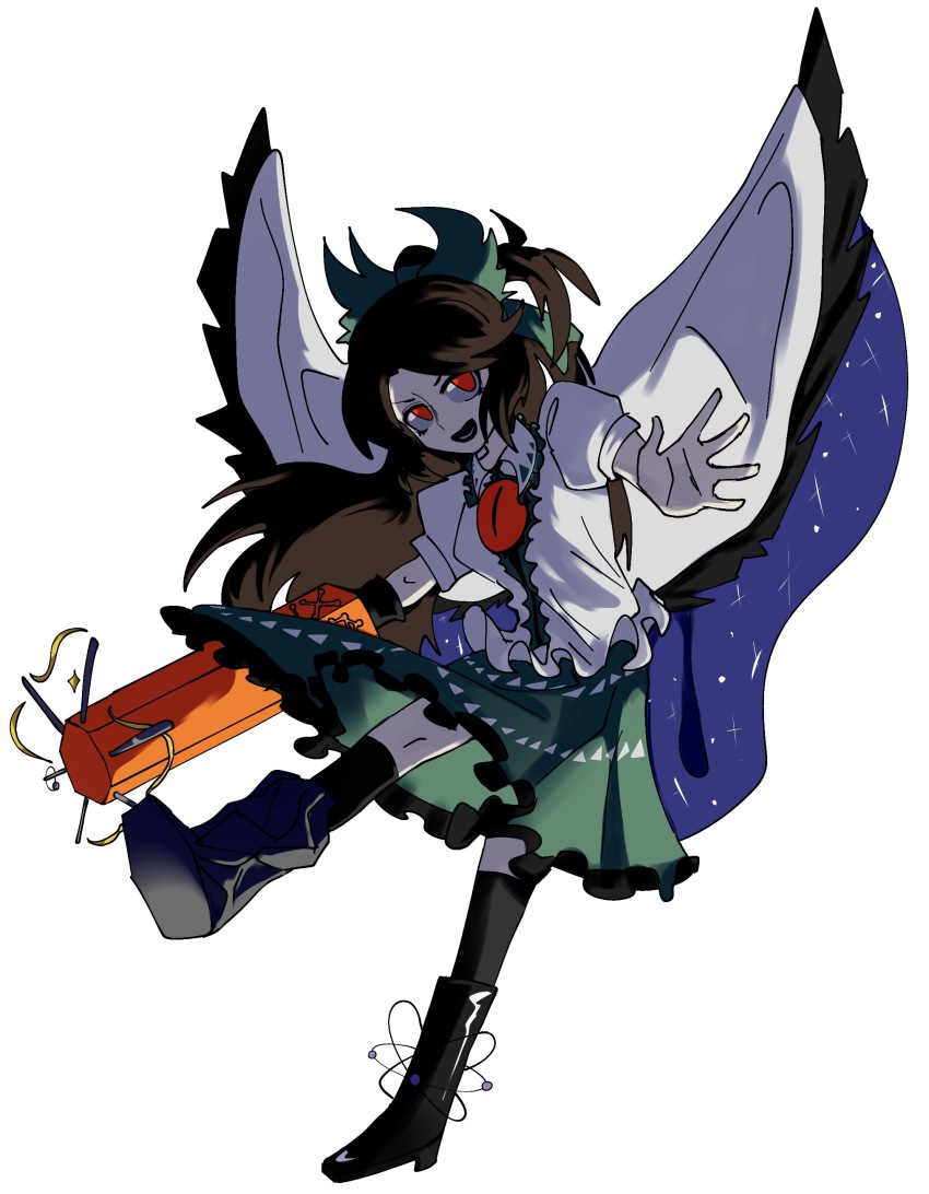 1girl absurdres arm_cannon atom black_boots black_socks black_wings blue_cape boots bow brown_hair cape chinese_commentary commentary_request control_rod_(touhou) feathered_wings frilled_shirt frilled_skirt frills full_body green_bow green_skirt hair_bow highres long_hair looking_at_viewer open_mouth parted_bangs puffy_short_sleeves puffy_sleeves red_eyes reiuji_utsuho shiri_fusang shirt short_sleeves simple_background skirt smile socks solo third_eye touhou two-sided_cape two-sided_fabric weapon white_background white_cape white_shirt wings