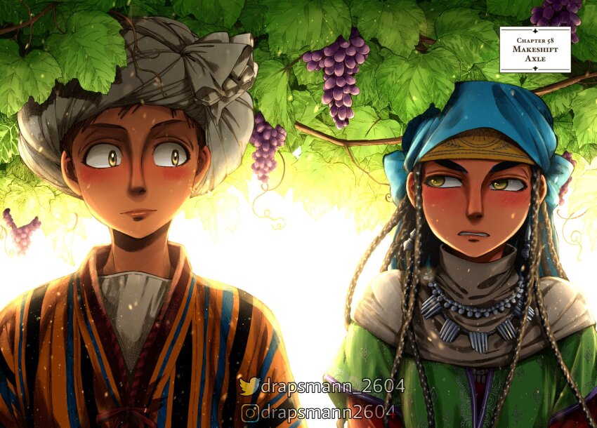 1boy 1girl artist_name black_hair blush branch brown_hair colorized drapsmann_2604 ear_piercing earrings embroidery food fruit grapes highres instagram_logo jewelry leaf light_smile long_hair mori_kaoru necklace orange_eyes otoyomegatari pariya piercing plant shade shy smile suzani teeth thick_eyebrows third-party_edit third-party_watermark traditional_dress tree turban twitter_logo twitter_username umar uzbek_clothes uzbekistan very_long_hair vines white_turban yellow_eyes
